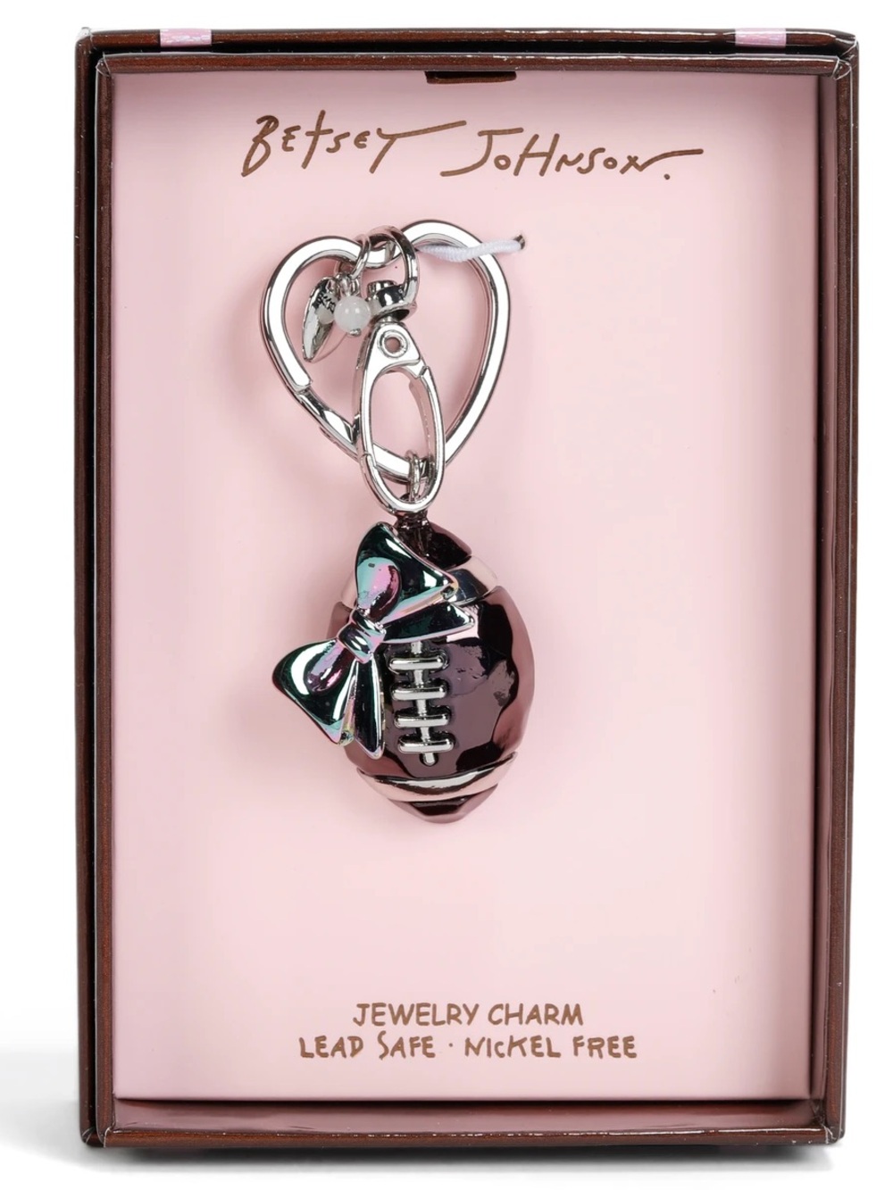 Betsey Johnson Iridescent Pink-Black Football Charm Keychain- Silver Colored